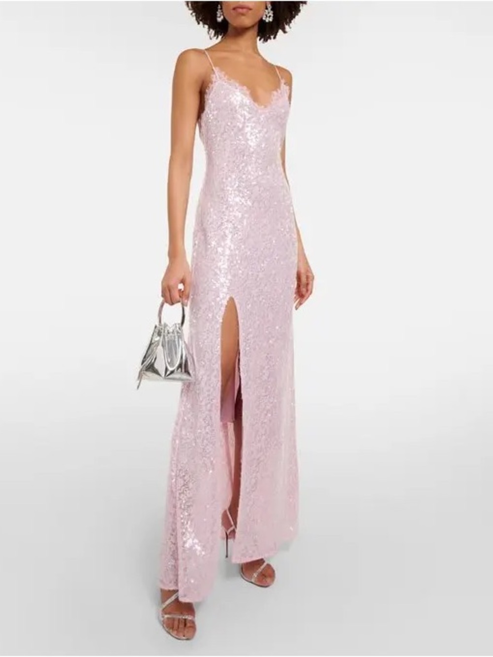 STAUD Pink Sequin Lace-Trim Slip Maxi Dress with Front Slit